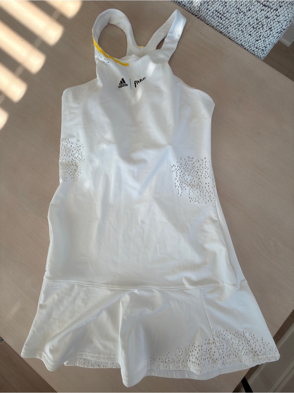 adidas White Tennis Dress with Yellow Neck Trim - Large